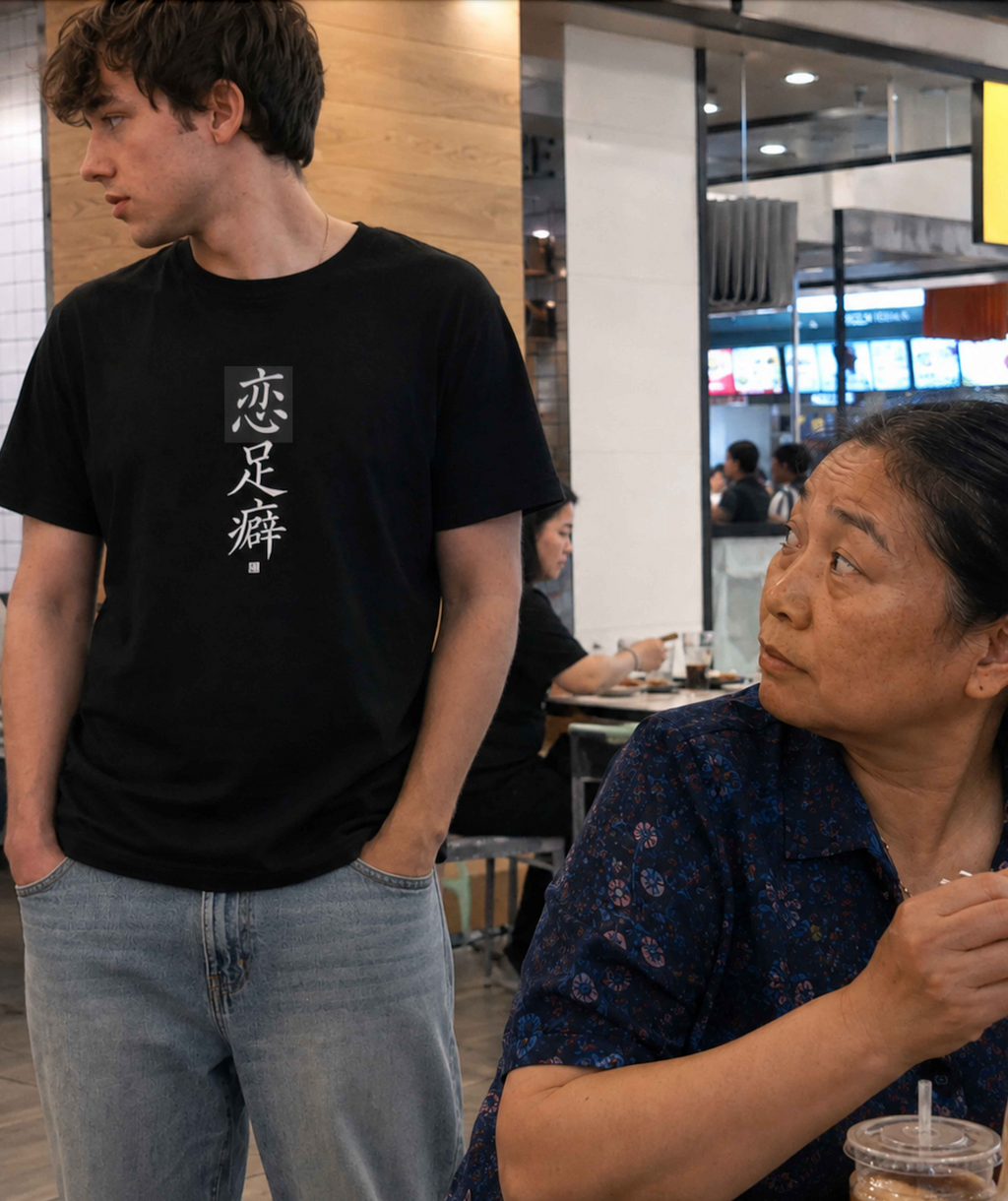 Chinese Calligraphy Joke T-Shirt - “Foot Fetish” - view 3